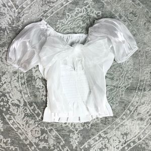 White Puff Sleeve Bow Smocked Waist Top